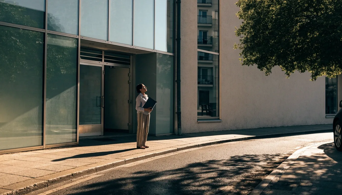 Entrada de un edificio residencial español moderno a primera hora de la mañana, con luz rasante sobre la fachada de piedra