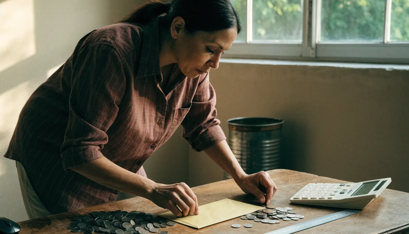 Superficie de piedra fría con una calculadora apagada, una regla de acero y monedas junto a una caja metálica cerrada