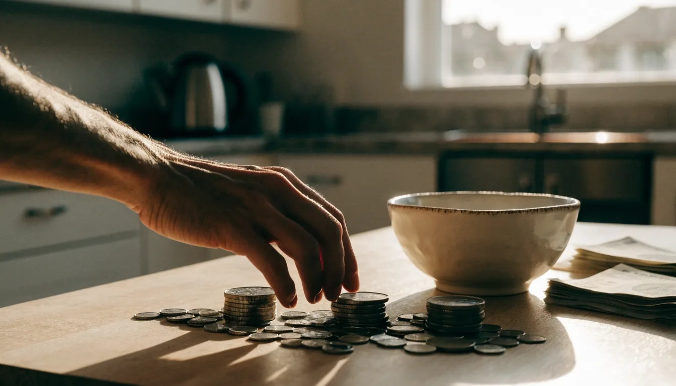 Monedas y billetes distribuidos por bloques sobre una mesa de cocina a primera hora de la mañana