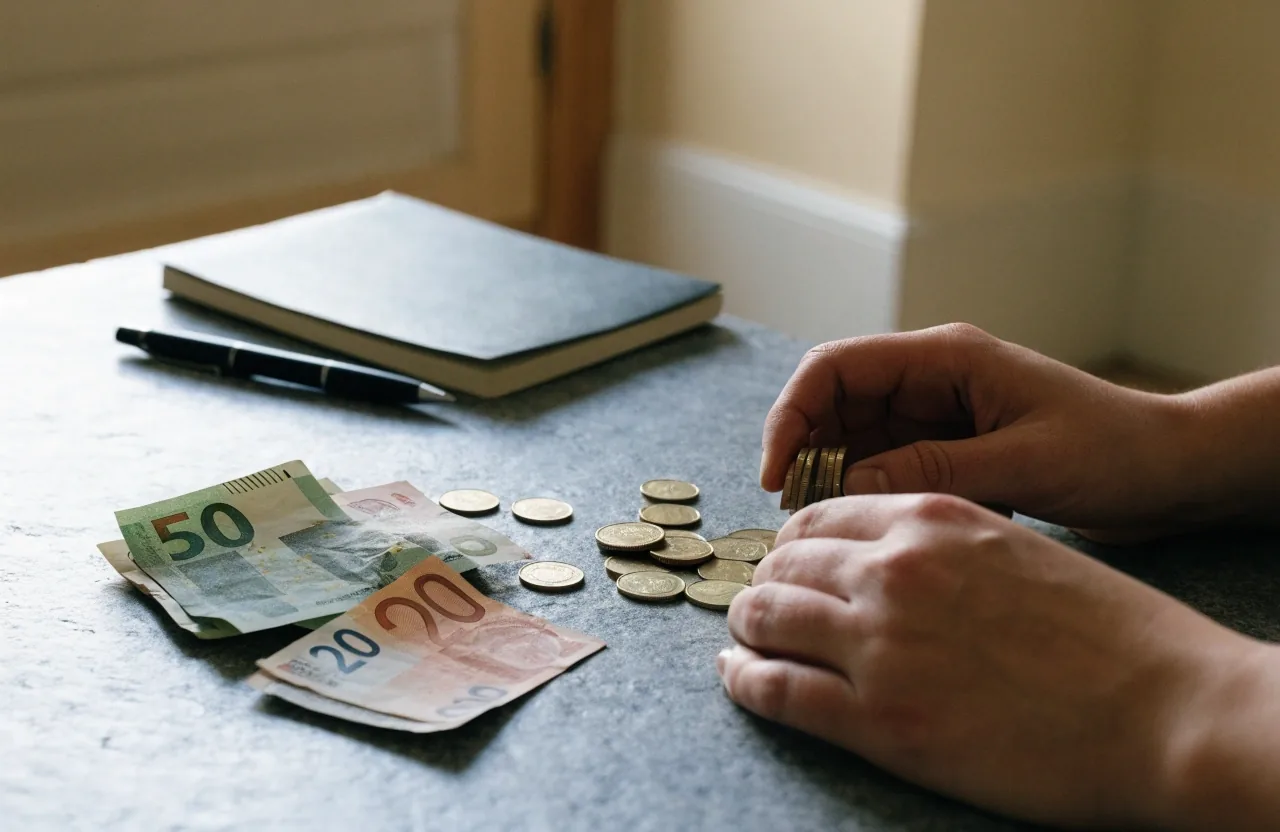 Manos ordenando billetes y monedas sobre una superficie de piedra fría junto a un cuaderno cerrado