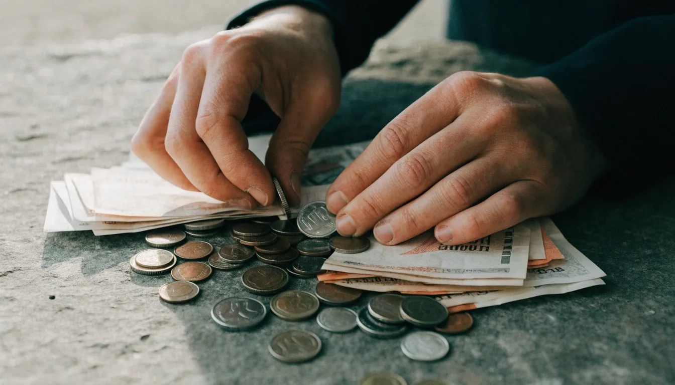 Manos ordenando monedas y billetes sobre una superficie de piedra