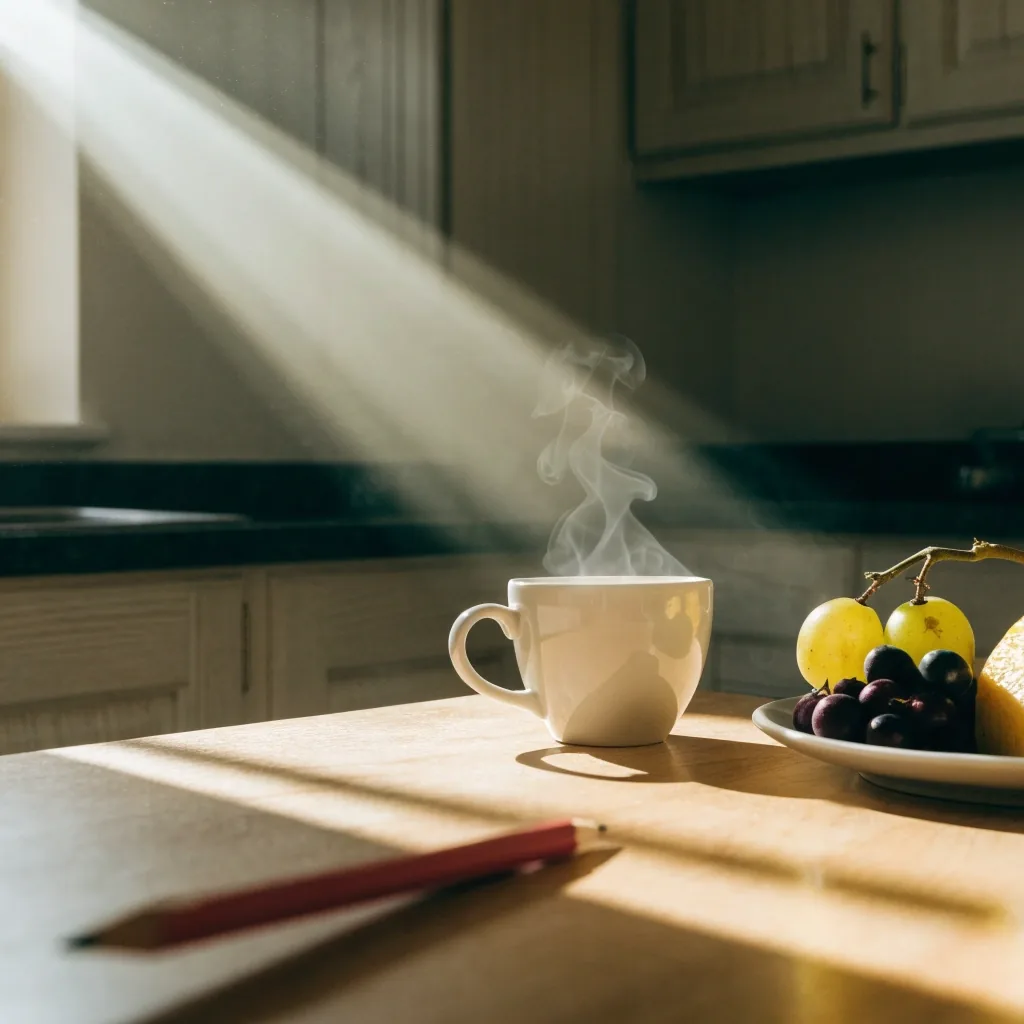 Cuaderno abierto en una mesa de cocina con luz de mañana, junto a una taza y un lápiz