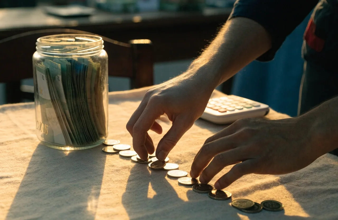 Manos adultas ordenando monedas y billetes sobre una superficie de piedra fría a la luz de la mañana