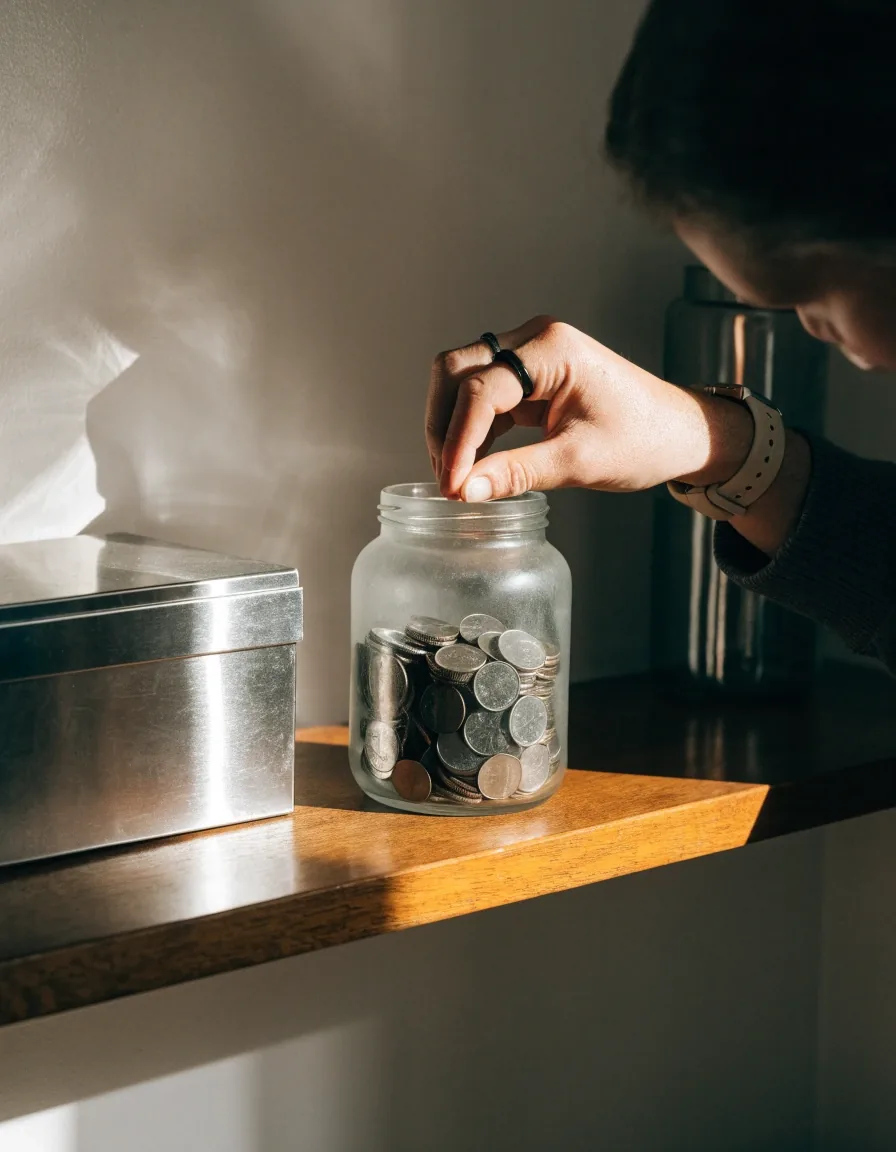 Estante doméstico con una caja metálica cerrada y un frasco de vidrio mate