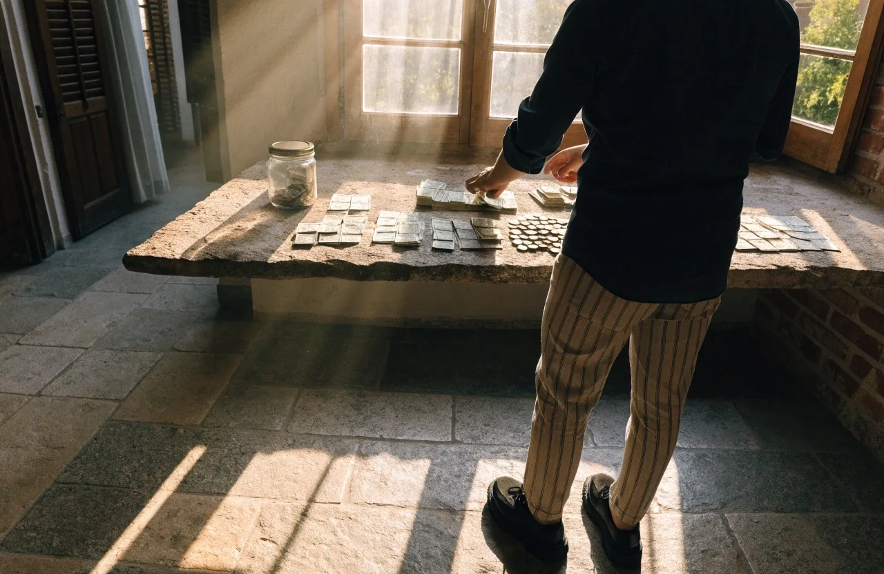 Manos adultas ordenando billetes y monedas sobre una superficie de piedra