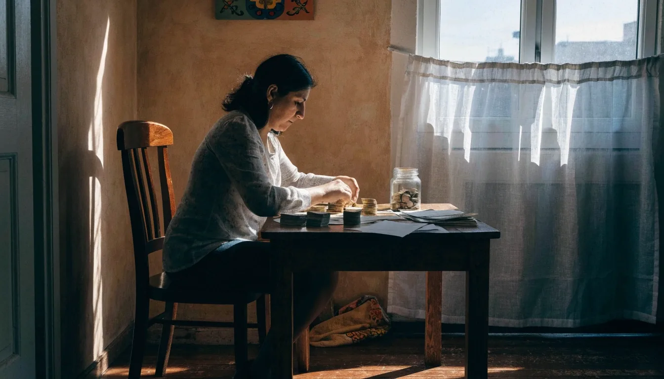 Silla y mesa de madera junto a una ventana con cortina ligera y luz cruzando de izquierda a derecha