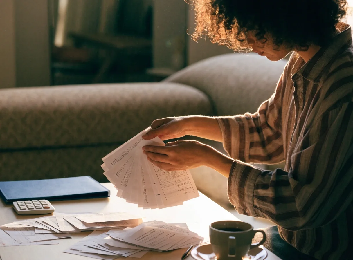 Mesa de trabajo de autónomo con cuaderno abierto y papeles sueltos ordenados a mano