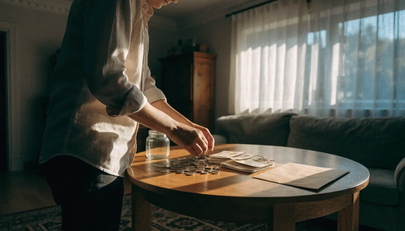 Manos adultas ordenando billetes y monedas sobre una superficie de piedra clara junto a una ventana