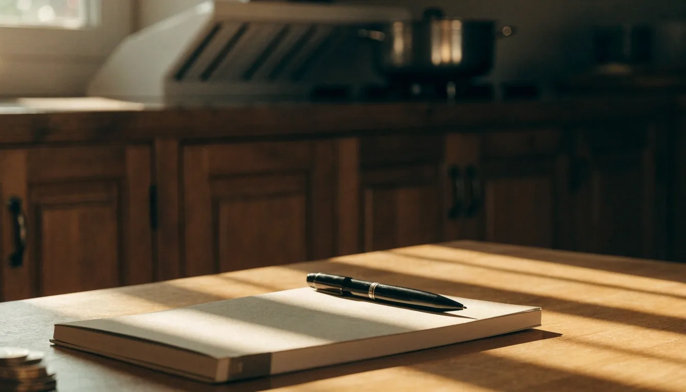Mesa de madera clara en una cocina española a las ocho de la mañana, franjas de sol cruzando un cuaderno mate sin escribir